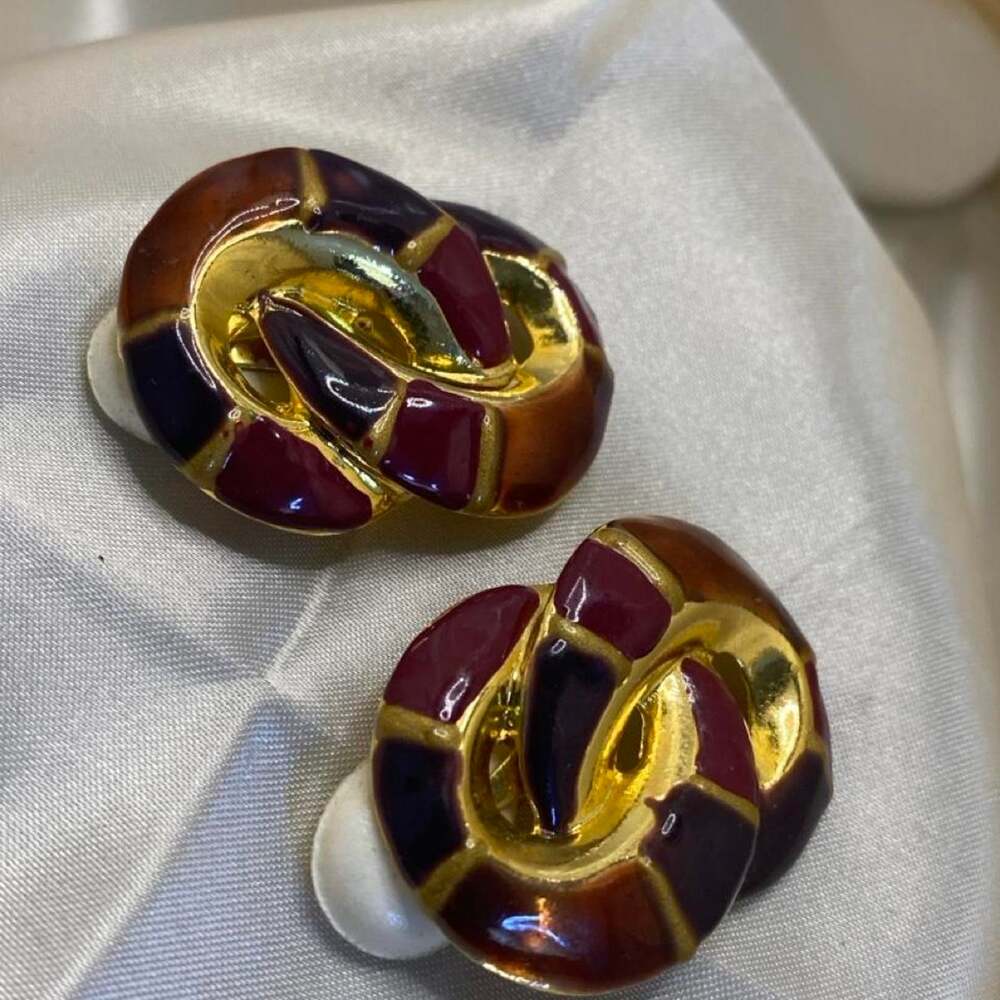 Vintage Enamel Knot Clip On Earrings Burgundy Amber Gold Tone 1970s Jewelry